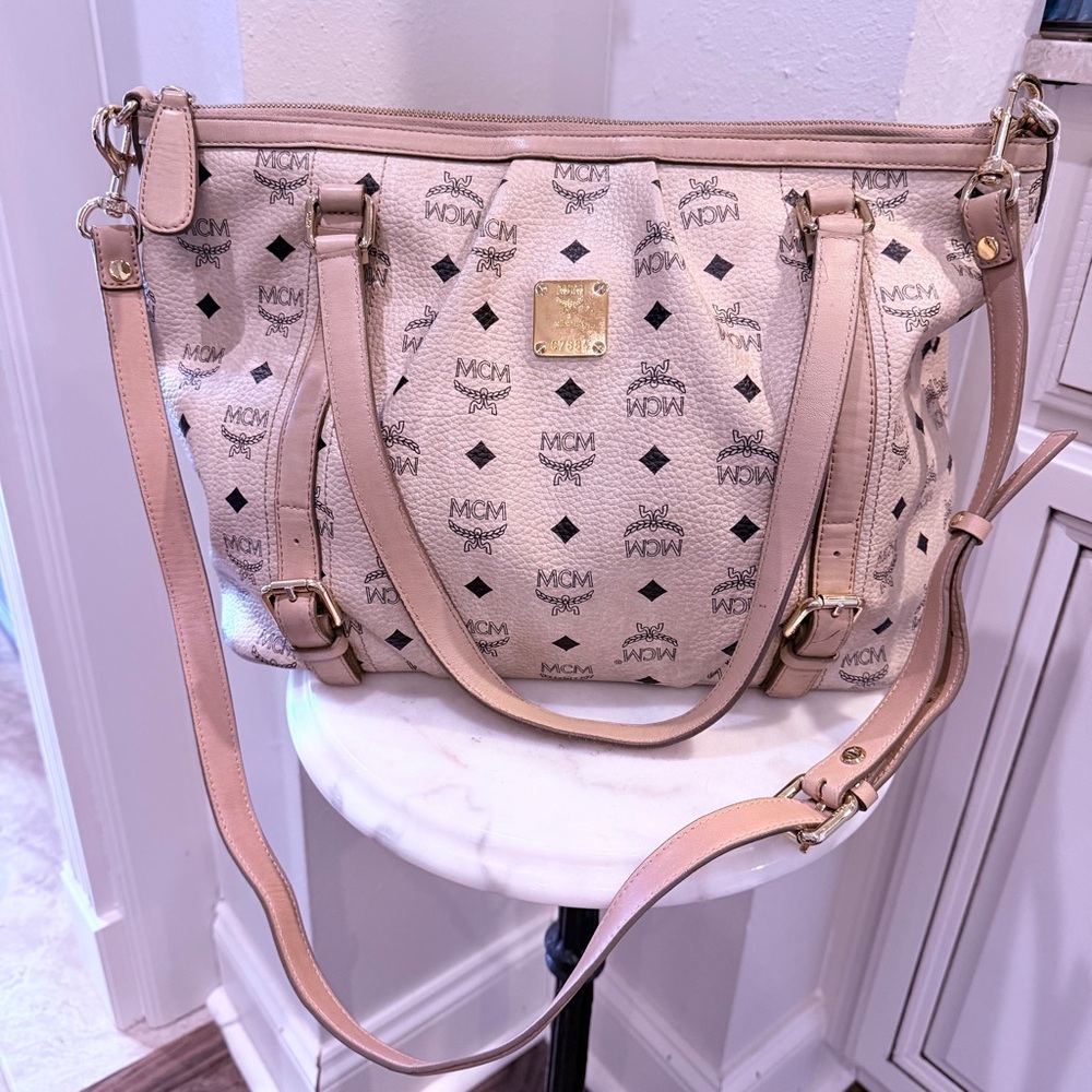 MCM Beige Visetos Logo 2 way Shoulder Bag